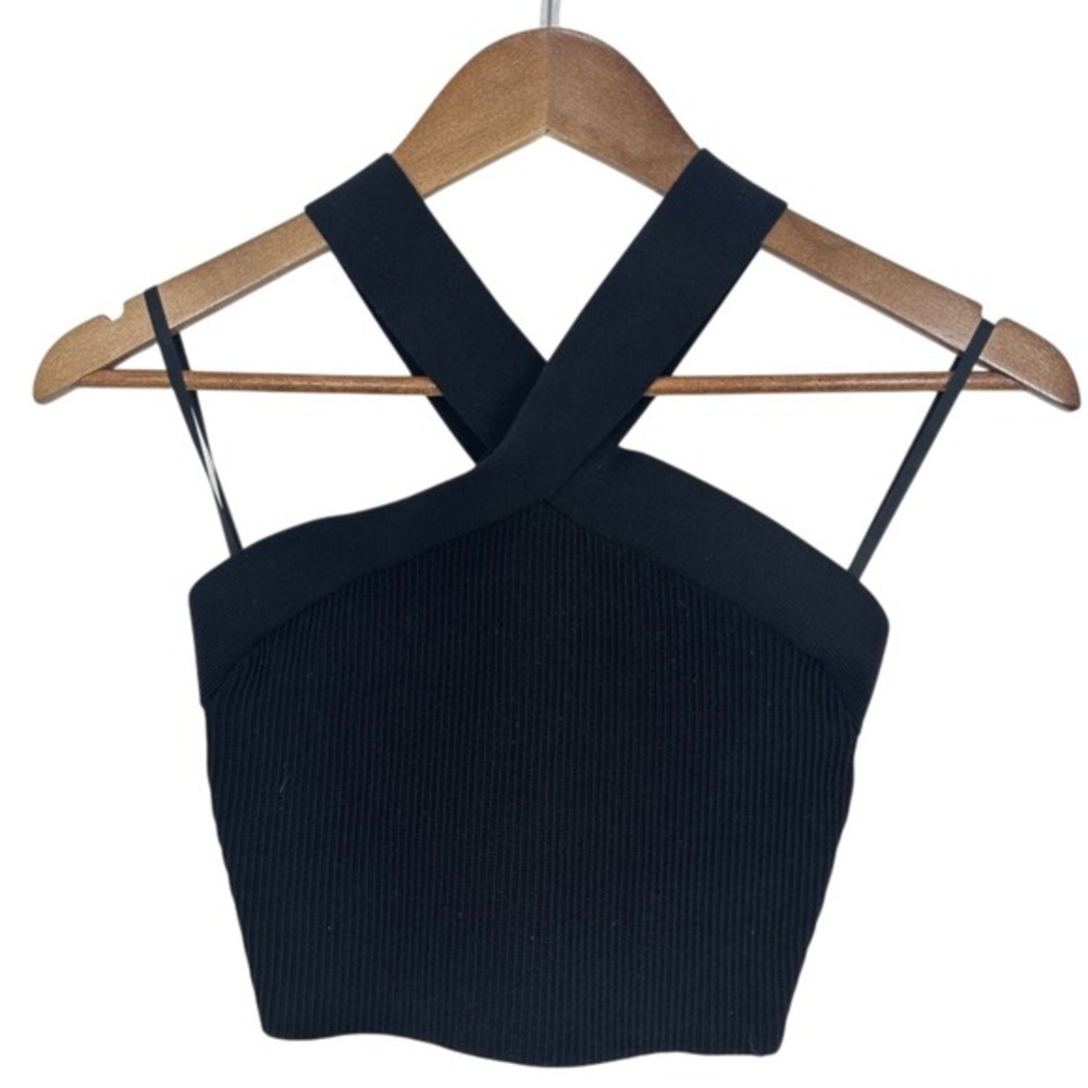 Babaton Black Ribbed Sculpt Knit Crisscross Halter Crop Top Size S - Picture 3 of 8